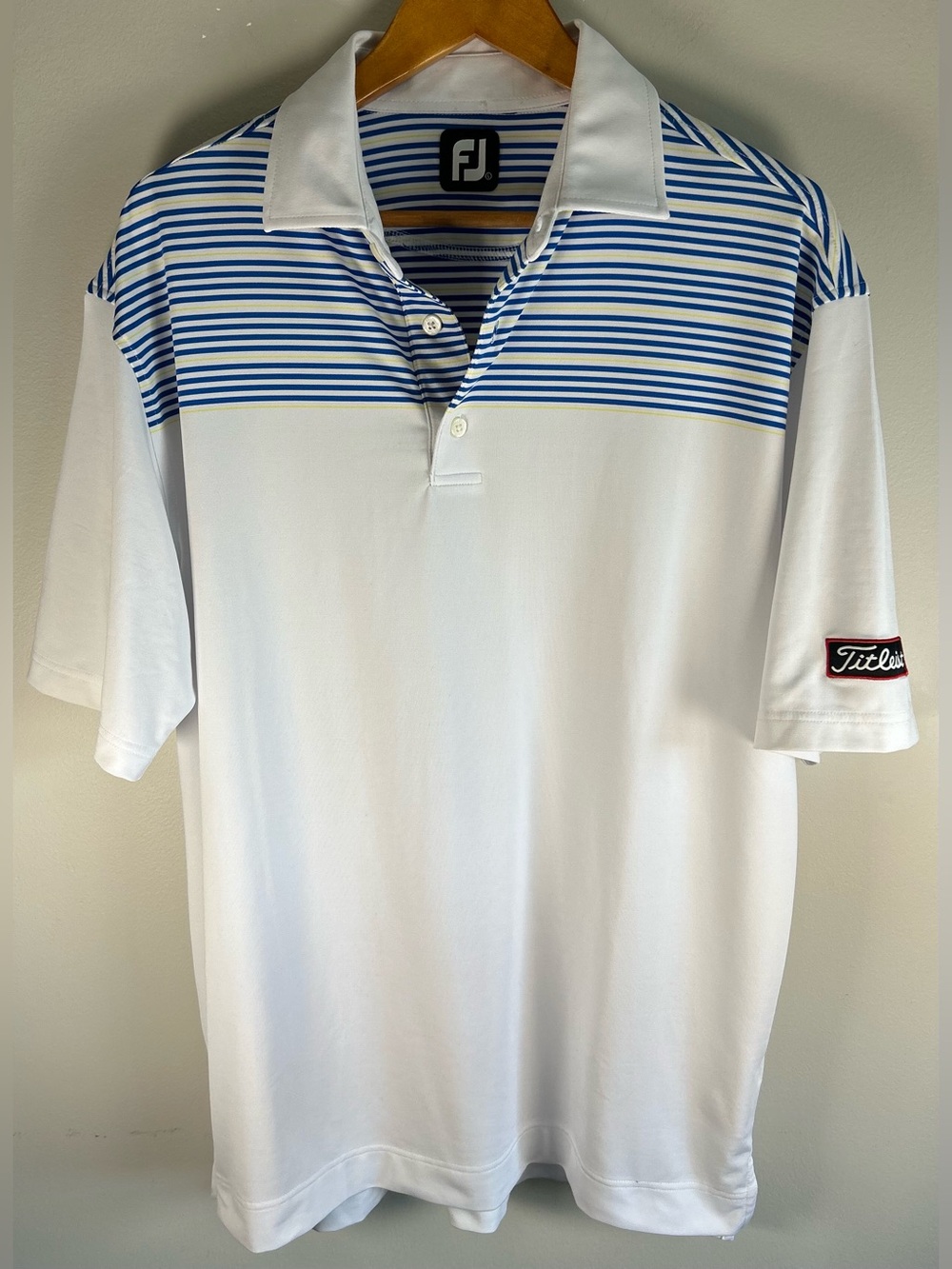 Footjoy Mens Golf Polo Shirt L Blue Stripes Titleist Patch Stretch Performance